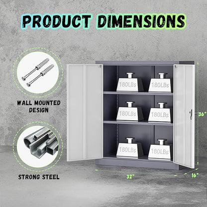 Bonusall Metal Garage Storage Cabinet, 36" H Locking Cabinets with 2 Adjustable Shelves, 2 Door Small Pantry Storage for Home Office, Kitchen, Bathroom (White Grey)