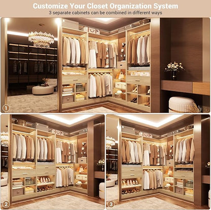 Unikito 86" Corner Closet System, Modular Closets Organizer with 4 Hanging Rods and 2 Drawers, Freestanding Adjustable Wood Clothes Garment Rack with Storage Shelves, White Oak