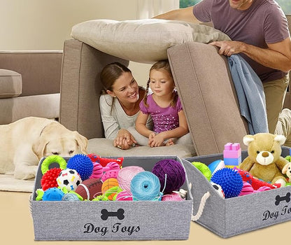 Geyecete 2 Pack Large Dog Toys Storage Bins-Foldable Fabric Trapezoid Organizer Boxes with weave Rope Handle,Collapsible Basket for Shelves,Dog Apparel(Snow Gray-DOG)
