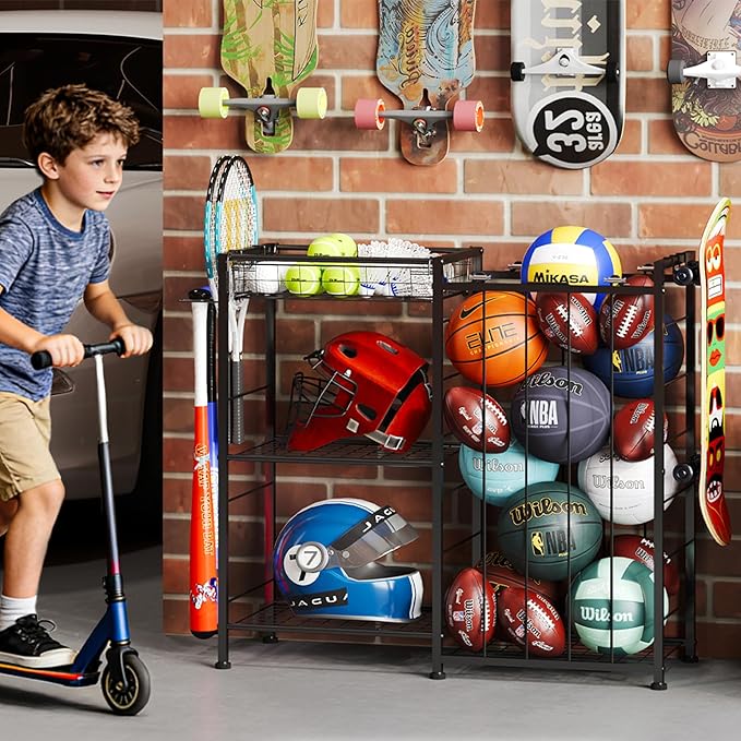 Sports Equipment Organizer, Ball Storage Rack with Elastic Straps and Removable Basket for Garage Organization, Garage Organizer with Hooks for Toy Sports Gear Storage, Sports Ball Storage Cart, Black