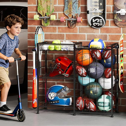 Sports Equipment Organizer, Ball Storage Rack with Elastic Straps and Removable Basket for Garage Organization, Garage Organizer with Hooks for Toy Sports Gear Storage, Sports Ball Storage Cart, Black