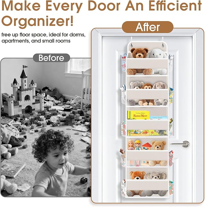 WISELIFE Over The Door Organizer Storage with 5 Large Pockets Door Hanging Organizer with Clear Windows behind The Door Storage for Nursery Bedroom Bathroom Pantry Closet and Baby Essentials Beige