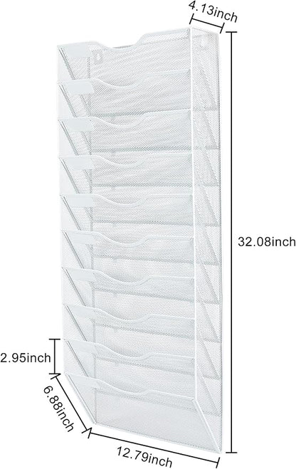 PAG Hanging Wall File Holder Organizer Mail Sorter Literature Rack for Office, 10 Pockets, White