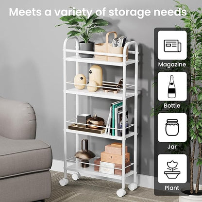 Slim Storage Cart, 4-Tier Small Rolling Cart with Wheels, 5.9" Deep, Narrow Bathroom Shelf Trolley for Kitchen, Bathroom, Laundry Room, White Standard 4-Tier (5.9" W x 33.6" H)