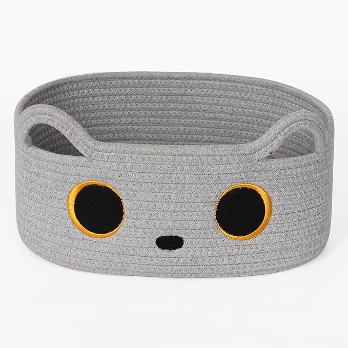 Gray Cat Toy Basket, Small Woven Cat Toy Storage Box with Cute Ears Handle Indoor, Cotton Rope Storage Bin with Embroidered Face for Home Decor, Pet Bed, Nursery Kids Room Organization