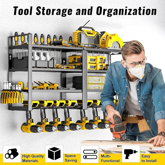 Power Tool Organizer Wall Mount, 4 Layer Heavy Duty Metal Power Tool Storage Rack, 8 Drill Holders Wall Mount, Utility Racks Cordless Tool Storage Rack for Garage Workshop