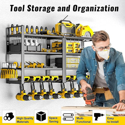 Power Tool Organizer Wall Mount, 4 Layer Heavy Duty Metal Power Tool Storage Rack, 8 Drill Holders Wall Mount, Utility Racks Cordless Tool Storage Rack for Garage Workshop