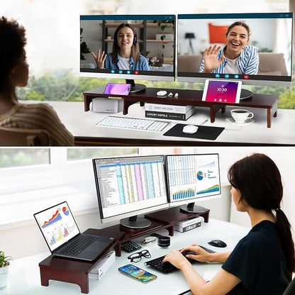 Nnewvante Monitor Stand Riser, Upgrade Height Large TV Riser, 60 inch Large Bamboo Dual Monitor Stand for Desk, 3 Shelves Desktop Screen Riser with Adjustable Length Angle for Computer Laptop Walnut