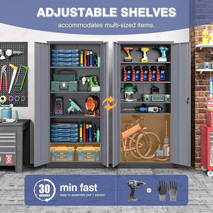 Metal Garage Storage Cabinet,71" H Tall Tool Cabinet with 2 Doors and 5 Adjustbale Shelves,Lockable Tool Cabinet for Garage,Basement,Home Office