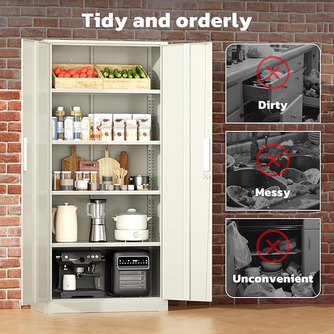 Greenvelly Metal Lockable Storage Cabinet, 72” Tall Storage Cabinet with 2 Doors and 4 Adjustable Shelves for Office, Home, Garage, Pantry (Assembly Required, 18”D, Grey)