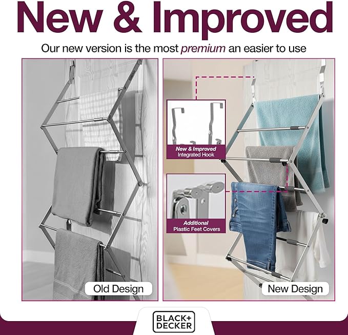 BLACK+DECKER Over The Door Expandable Telescopic Drying Rack, Clothes Organizer, Towel Hanger, Laundry, Collapsible, Silver