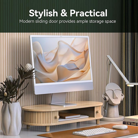 Bamboo Monitor Stand with Storage, Curved Computer Laptop Stand Desk Shelf Organizer with Sliding Doors (25 inch)