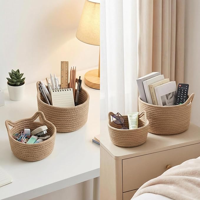 Small Woven Baskets | Mini Storage Bins | Cotton Rope Baby Nursery Organizers | Cute Round Cat Ears Basket for Organizing Desk Decor Kids Toy Dog Cat Baby Girls Gifts-Set of 3(Beige)