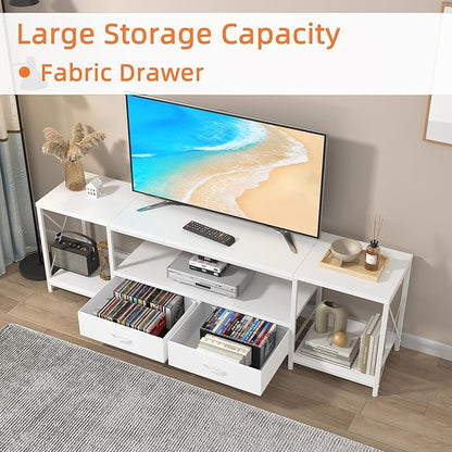 GYIIYUO TV Stand with Fabric Drawers for 55 60 65 Inches TV - Entertainment Center and Industrial TV Console Table with Open Storage Shelves for Living Room, Bedroom - 55.1" White