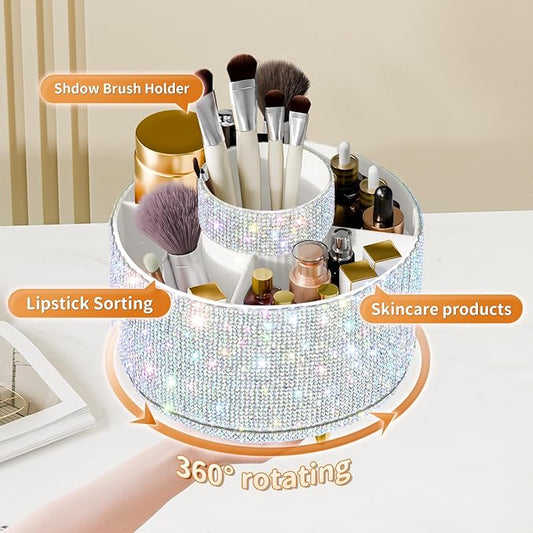 Bling Diamond Makeup Brush Holder, 360° Rotating Makeup Organizer, 5 Slot Make up Brushes Cup for Countertop, Storage for Cosmetics Pen Eyeliner Skincare on the Vanity ((Diamond white AB)