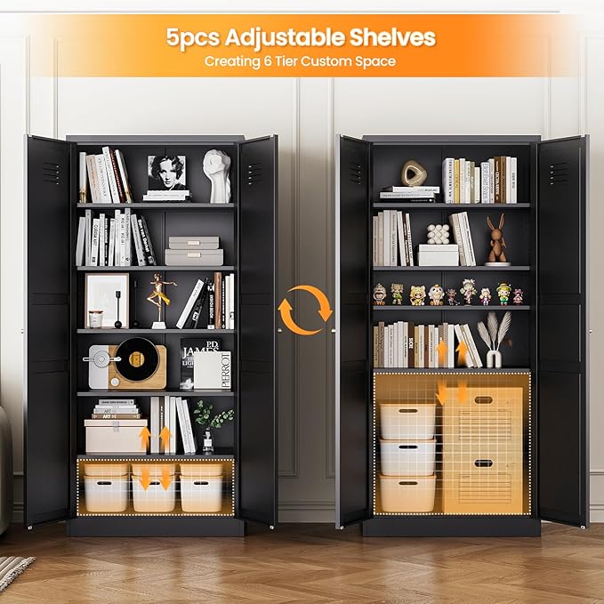 71" Tall Kitchen Pantry Storage Cabinet with 2 Doors and 5 Adjustable Shelve, Metal Black Food Pantry Cabinet, Kitchen Cabinet Storage Unit,6 Tier Freestanding Cupboard for Kitchen Dining/Living Room