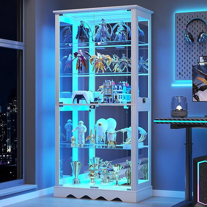 Glass Display Cabinet with Doors, RGB Curio Cabinet with LED Lights for Collectibles, Display Case with Adjustable Shelf, White