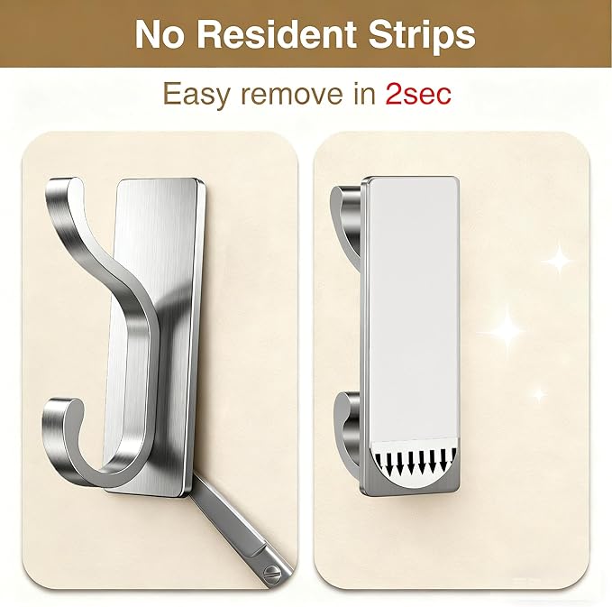 pickpiff Wall Hooks with Adhesive Strip- Easy to Remove, No Residue, Strong Heavy Duty Sticky Towel Hook, 4 Pack Silver