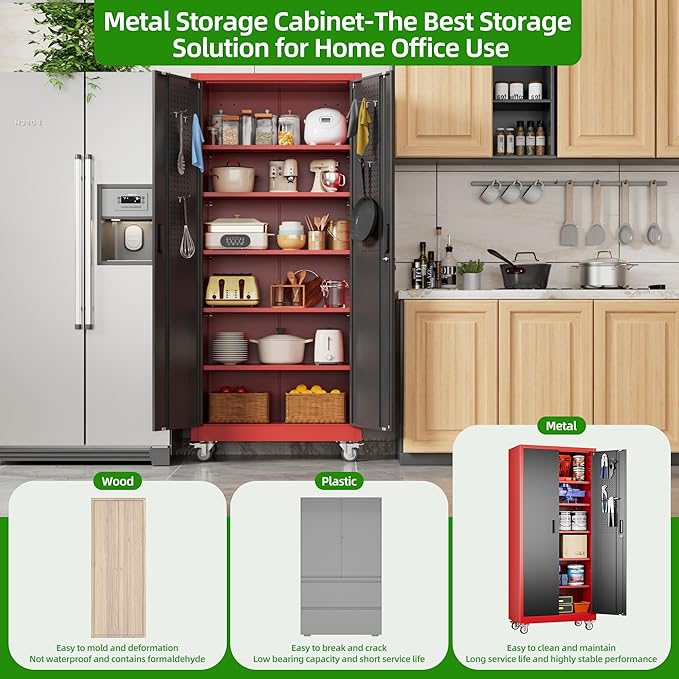 71" H Garage Storage Cabinet with Wheels and Pegboard, Lockable Metal Storage Cabinet with 5 Adjustable Shelves and 4 Hooks for Garage,Warehouse, Home, Assembly Required, Black and Red