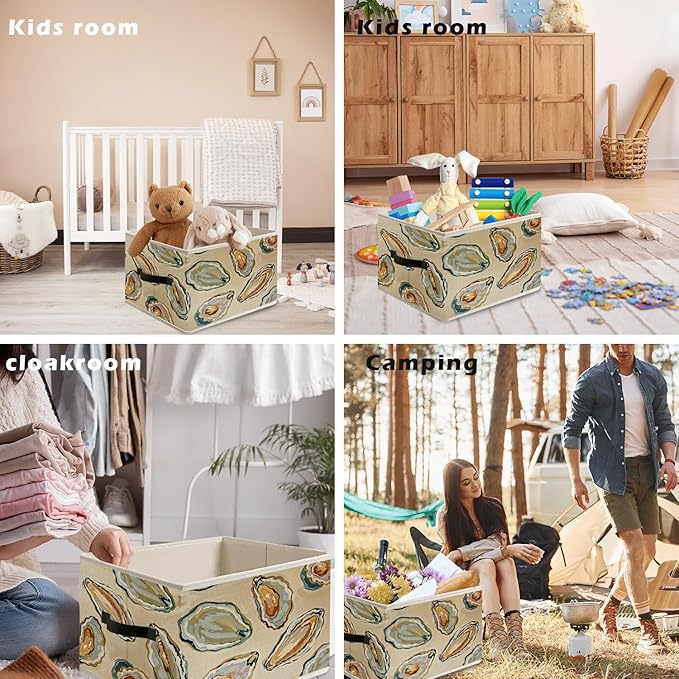 Coastal Beach Ocean Oyster Storage Bin Box with Handles, Marine Biology Oyster Shell Beachy Foldable Organizer Basket Toybox for Beach House Bedroom Bathroom Clothes Toys Books