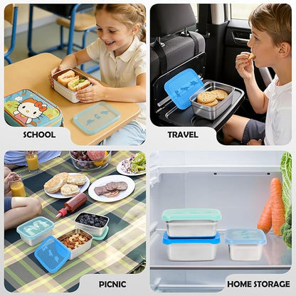3-Pack Stainless Steel Snack Containers for Kids & Toddlers - 550ml (18oz) Leakproof Colorful Lids with Cute Dinosaurs | LFGB Certified, Stackable Metal Lunch Box for Daycare, School, Travel