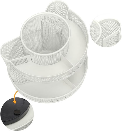 Annova Mesh Desk Organizer Rotate with 6 Compartments Round Spinning Tidy Candy/Pen Holder Desk Accessories Office, Art Supply, Storage, Classroom, Home (White)