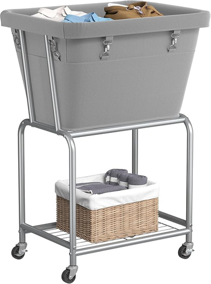ELYKEN Rolling Laundry Hamper with Wheels, Laundry Cart with Removable Bag, Heavy Duty Metal Frame, 2-Tier Clothes Basket Hamper with Shelf for Closet, Bedroom, Bathroom, Laundry Room, Gray