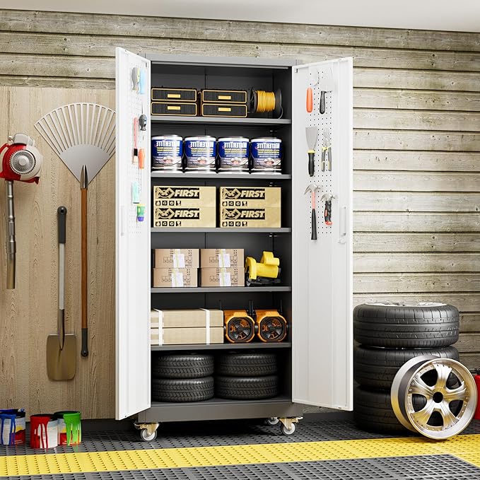 71" H Garage Storage Cabinet with Wheels, Lockable Metal Storage Cabinet with Doors,5 Adjustable Shelves and Pegboard for Garage Home Utility Room,Required Assembly,Grey&White