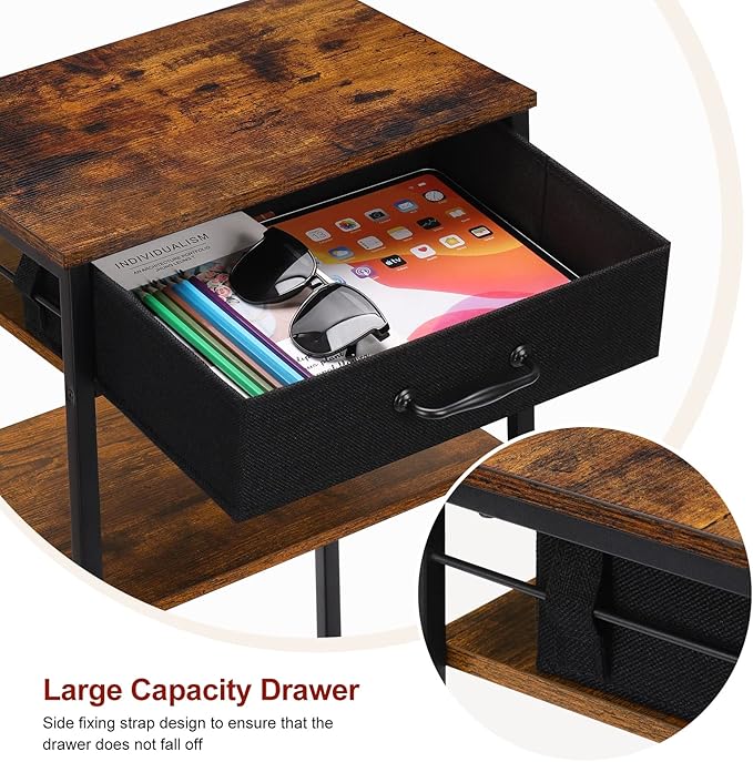 BTY Printer Stand with Storage 3 Tier Home Printer Table with Drawers Multifunctional Under Desk Printer Shelf Holder Industrial End Table Nightstand for Fax Machine Scanner Files Brown
