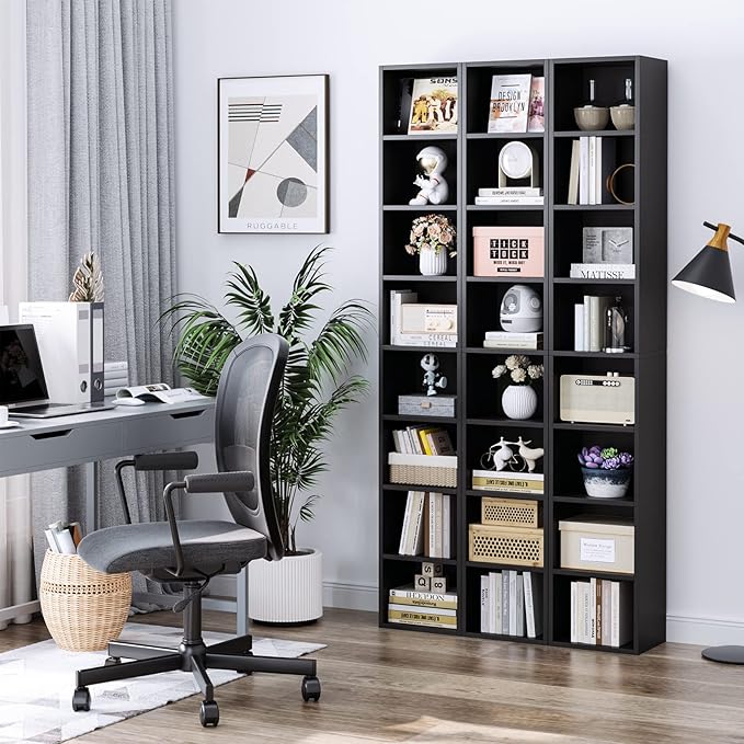 FOTOSOK 2 Pcs 71'' Tall Narrow Bookshelf, 8-Tier Media Tower Rack Set of 2, CD DVD Storage Cabinet with Adjustable Shelves, Tall Narrow Bookcase Skinny Display Bookshelf Slim Shelf, Black