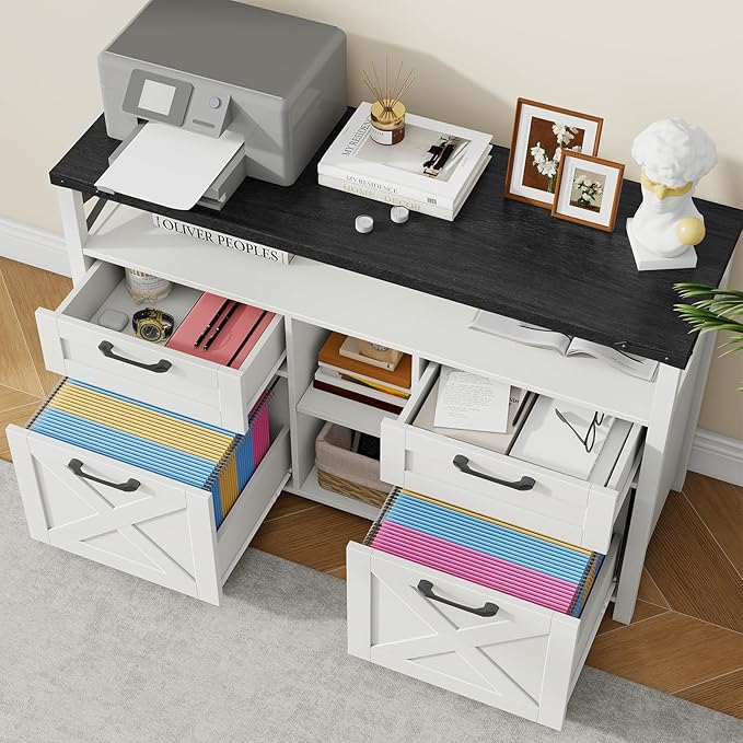 Lateral File Cabinets 4 Drawers with Open Storage Shelf, Farmhouse Filing Cabinet with Adjustable Shelf for Home Office, Filing Organization Storage Cabinets for Hanging Files Letter/A4. Black