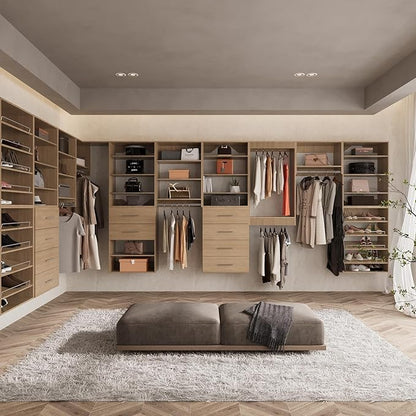 ROOMTEC Modular Closet System, 64" Wall-Mounted Closet Organizer with Hanging Rods and Shelves, Wooden Tower for Walk-In Closets, Wardrobe Storage Kit, Wood