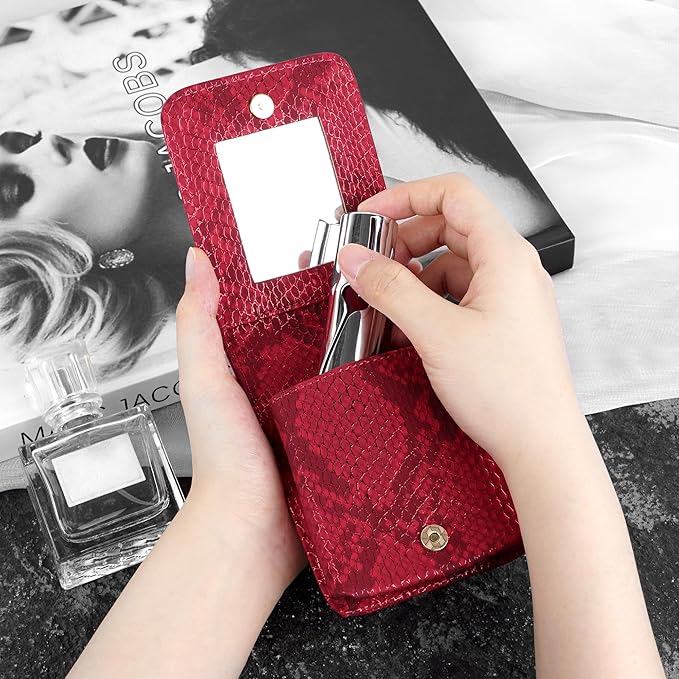Red Lipstick Holder, Lipstick Case with Mirror, Mini Portable Makeup Holder for Women Girls, for Outside Mini bag Travel Cosmetic Pouch (1Pcs)