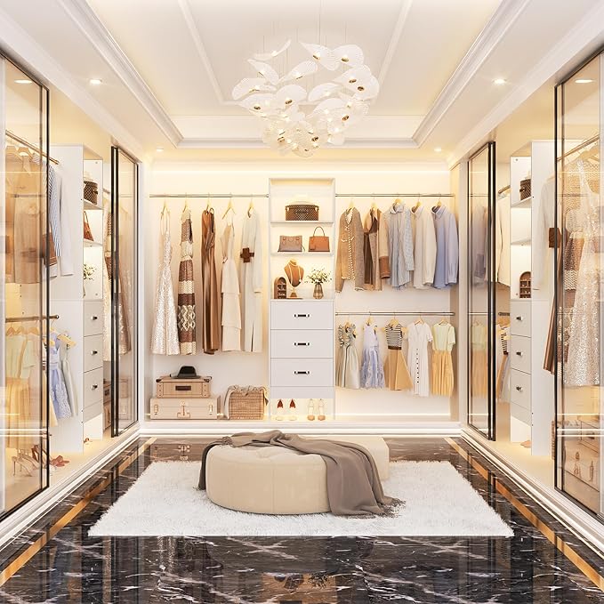 96'' Closet Organizer System with 3 Hanging Rods, 8FT Closet Organizers and Storage with 3 Wooden Drawers, Built in Closet Organizer Systems, Adjustable Walk-in Wardrobe from 5-8FT, White
