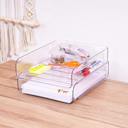 Tomorotec Desk Letter Tray Set, A4 Size Clear PET Stackable Document Organizer Office Desktop File Paper Holder Book Storage Rack Side Load Anti-Skid Stacking Support Convex Bottom (2X Portrait)