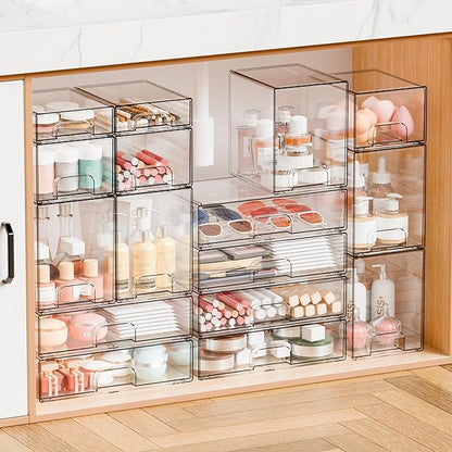 Yieach 6 Pack Small Stackable Storage Drawers,4.4 Inch Tall Stacking Acrylic Clear Storage Bins for Bathroom Vanity,Undersink,Pull Out Drawer Organizers for Beauty,Makeup,Medicine Cabinet Organizers