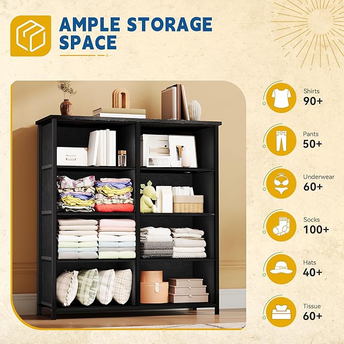 DWVO Fabric Dresser for Room, Rustic Storage 8 Drawers, Dresser & Chest of Drawers, Storage Drawer Organizer for Closet, Living Room