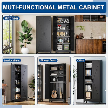 Black Tall Farmhouse Metal Pantry Linen Storage Cabinet and Organizers - Cupboard 75" H x31.5 W x15.7 D Rustic Hutch Cabinet Bookcase with Doors and Adjustable Shelves for Home Office