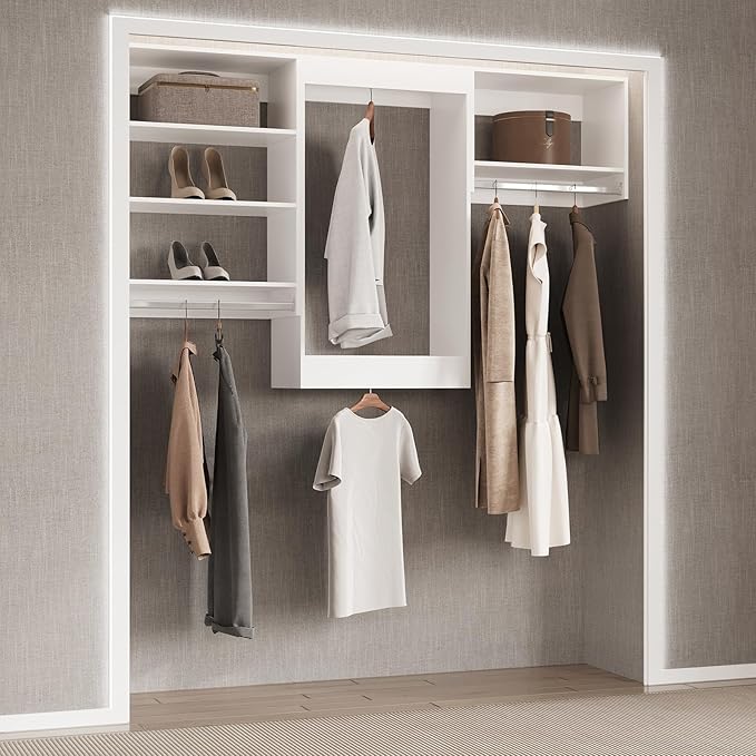 Tall Hanging Closet Unit, Modular Closet System, Wood Closet System Organizer with Storage for Walk In Closets, Clothing Rack Wardrobe Closet for Hanging Clothes, Bedroom, White, 25.5"W