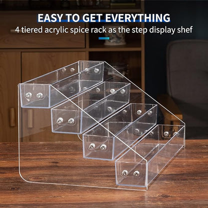 Acrylic Spice Rack, Tiered Spice Rack Shelf Seasoning Organizer for Countertop, Cabinet, Pantry, Kitchen Storage - 4 Tier