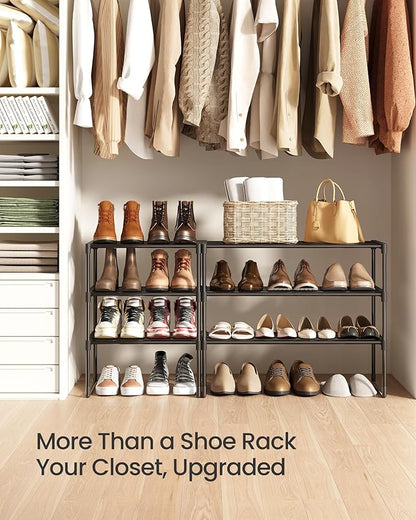 SONGMICS Shoe Rack, 3-Tier Shoe Organizer, Metal Storage Shelf, Upright or Upside Down, for 8-12 Pairs, Stackable, for Entryway, 11.8 x 26.8 x 21.7 Inches, Black ULSA203B01