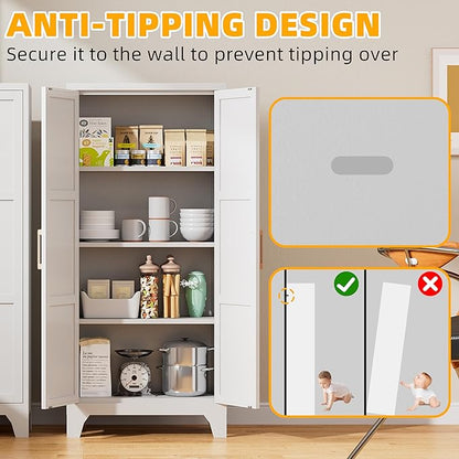 61"H Metal Pantry Cabinet with 2 Doors and 3 Adjustable Shelves,Food Storage Cabinet with Gold Handle for Kitchen,Dinning Room,Home Office,Living Room,Easy Assembly (White,61"H x13.8"D x27.6"W)