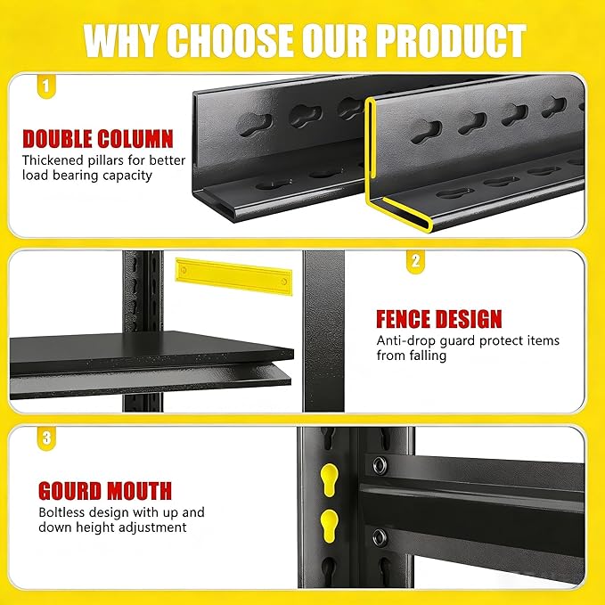 40" W Heavy Duty 4-Tier Adjustable Black Metal Garage Shelving Unit – Ideal for Garage, Basement, Pantry & Warehouse, Storage Shelves, 2400LBS, 16" D x 63" H, Black