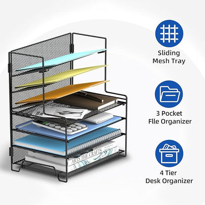 SUPEASY 7 Tier Desk File Organizer, Mesh Letter Tray Paper Organizer with File Holders, Metal Desktop Organizers and Accessories for Home Office Supplies, Black
