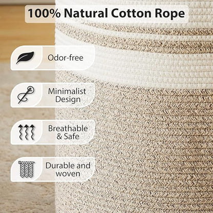 Large Laundry Hamper, Tall Woven Storage Basket for Blankets, Cotton Baby Nursery Hamper, Toys and Dirty Clothes in Bedroom and Living Room Organizing - 58L Brown & White