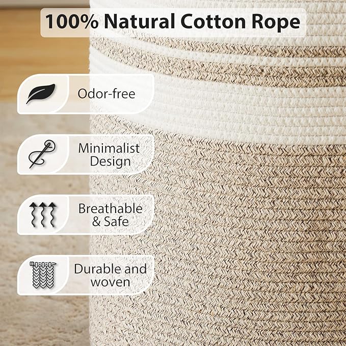 72L Large Woven Laundry Hamper by Fiona's magic, Tall Cotton Rope Storage Basket, Jute Baby Nursery Hamper for Blankets, Toys and Clothes in Bedroom and Living Room Organizing, Brown & White