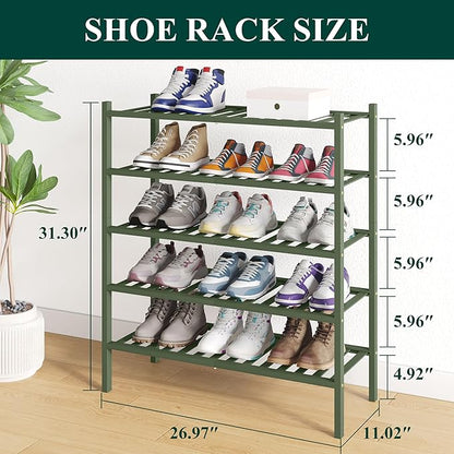 Smiry Bamboo Shoe Rack for Closet, 5 Tier Wooden Stackable Shoe Organizer, Free Standing Shoes Storage Shelf for Entryway, Front Door Entrance, Green