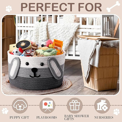Zopeal Dog Woven Basket, 11.8" D x 6.7" H Cotton Rope Toy Storage Organizer, Dog Mom Gift Empty, Cute Laundry Puppy Gift Animal Basket for Clothes, Towels, Toy, Laundry, Bathroom, Home(White, Gray)