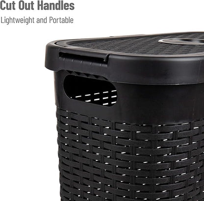 Mind Reader Slim Laundry Hamper with Lid, 40L Clothes Basket, Premium Wicker Design, Plastic, Set of 2, Black