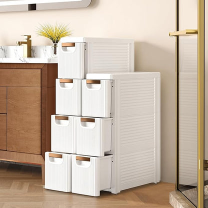 VECELO 3-Drawer Narrow Bathroom Storage Cabinet, Mobile Plastic Slim Rolling Organizer Cart with Built-in 4 Wheels for Living Room, Kitchen, Bathroom, Bedroom, Office, White(16.5" x 7.5" x 22.2")